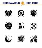Coronavirus-Bewusstseinssymbole 9 solide Glyphe schwarzes Symbol Corona-Virus-Grippe im Zusammenhang wie Tabletten Medizin Medica Survice Arzt auf Abruf Virus-Coronavirus 2019nov-Krankheitsvektor-Designelemente vektor
