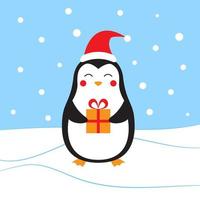 söt tecknad serie pingvin karaktär med en gåva. jul pingvin. hälsning kort design. vektor illustration i platt stil