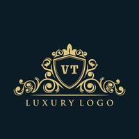 Buchstabe vt-Logo mit luxuriösem Goldschild. Eleganz-Logo-Vektorvorlage. vektor