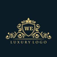 Buchstabe wir Logo mit luxuriösem Goldschild. Eleganz-Logo-Vektorvorlage. vektor