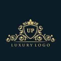 Letter-Up-Logo mit luxuriösem Goldschild. Eleganz-Logo-Vektorvorlage. vektor