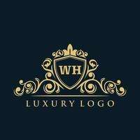 Buchstabe wh-Logo mit luxuriösem Goldschild. Eleganz-Logo-Vektorvorlage. vektor