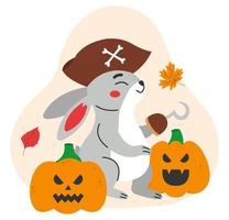 Der Hase im Piratenkostüm mit Kürbissen feiert Halloween. flache vektorillustration. vektor
