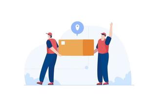leverans man arbetare bära en tung låda tillsammans. anställd arrangera lådor. vektor illustration