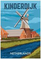 Windmühlen im Vintage-Urlaubsplakatdesign der Niederlande, perfekt für T-Shirt-Design und Waren vektor
