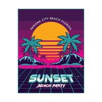solnedgång se strand handflatan vektor illustration i retro design, perfekt för affisch och t skjorta design