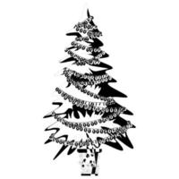 jul träd i en pott i översikt. stjärnor, kransar och bollar. xmas hälsning kort. vektor illustration på en vit bakgrund.
