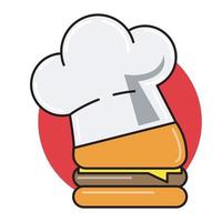 burger kock logotyp. burger kombinerad med en kockens hatt vektor