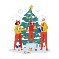 familie, die flache illustration des weihnachtsbaums verziert vektor