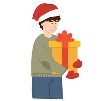 man innehav jul gåva. ung Lycklig man i santa hatt innehav en gul gåva låda. vektor