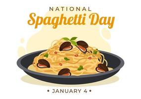 nationaler spaghettitag am 4. januar mit einem teller italienischer nudeln oder pasta verschiedene gerichte in flacher handgezeichneter karikaturschablonenillustration vektor