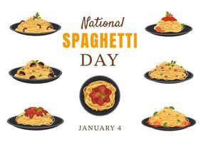 nationaler spaghettitag am 4. januar mit einem teller italienischer nudeln oder pasta verschiedene gerichte in flacher handgezeichneter karikaturschablonenillustration vektor