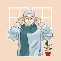 hijab ung flicka bär en Tröja är innehav henne glasögon vektor illustration fri ladda ner