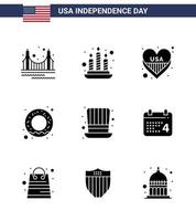 Usa Happy Independence Day Piktogramm-Set aus 9 einfachen soliden Glyphen des amerikanischen Ernährungsdonuts des Präsidenten, bearbeitbare Usa-Tag-Vektordesign-Elemente vektor