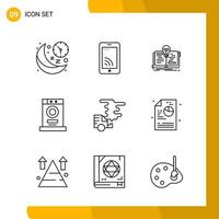 9 Icon Set Line Style Icon Pack Umrisssymbole isoliert auf weißem Hintergrund für reaktionsschnelle Website, die kreativen schwarzen Icon-Vektorhintergrund entwirft vektor