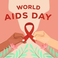 platt värld AIDS dag med händer innehav röd rosett band vektor