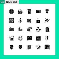 solides Glyphenpaket mit 25 universellen Symbolen für Filtrationsfilter podia Daten Audioband editierbare Vektordesign-Elemente vektor