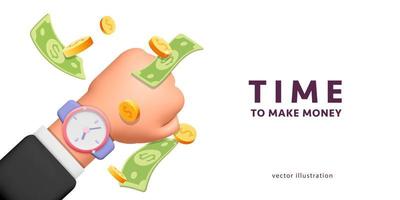 3d vektor man hand med larm klocka timer och flygande sedel pengar och mynt runt om framställning pengar baner design illustration