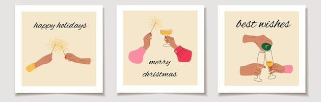 Weihnachten Vektor Geschenkkarte oder Tag Weihnachten Satz von drei Händen halten Champagner und Wunderkerzen. frohe weihnachten schriftzug, beste wünsche.