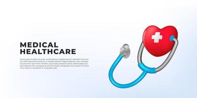 3d tecknad serie stetoskop med röd härd medicinsk sjukvård illustration begrepp för sjukhus klinik vektor
