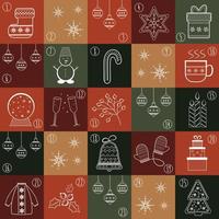 december jul första advent kalender med vinter- Semester element strumpor, kaffe kopp, gåva, ljus, vantar, snöflingor, klocka. vinter- vykort vektor kreativ mall. xmas affisch i hand dragen stil.
