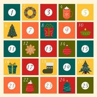 december jul första advent kalender med vinter- Semester element strumpor, kaffe kopp, gåva, ljus, vantar, jul träd leksaker. tid för jul mirakel. xmas affisch i hand dragen stil. vektor