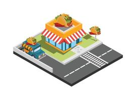 vektorisometrisches symbol oder infografikelement, das ein low-poly-fast-food-restaurant mit parkplatz und leuchtreklameschild darstellt. geeignet für Diagramme, Infografiken und andere grafische Elemente vektor