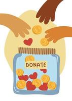 Menschen werfen Goldmünzen und Herzen in eine Spendenbox.
