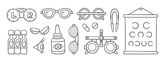 oftalmologi, optometri hand dragen ikon uppsättning. syn testa Diagram, Kontakt linser, droppar och glasögon i klotter stil. optometri klotter objekt. vektor illustration på vit bakgrund