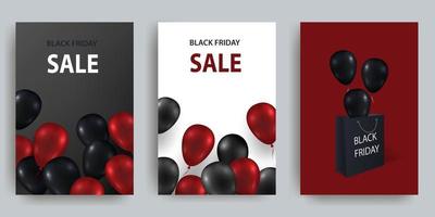 svart fredag försäljning uppsättning av posters eller flygblad design med färgad ballonger och papper väska. vektor illustration