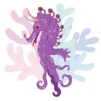 Charakter Monster Seepferdchen mit Algen. hand gezeichnete vektorillustration. geeignet für Aufkleber, Postkarten. vektor