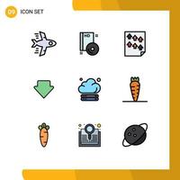 mobil gränssnitt fylld linje platt Färg uppsättning av 9 piktogram av server downlod data ner Rapportera redigerbar vektor design element