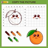 Kopieren Sie die Zeichnung von Orange. Vektor zeichnen Arbeitsblatt mit süßer Orange. Bildungsspiel für Kinder. Kunst-Tutorial für Kinder mit Farbpalette.