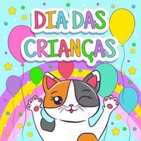 Lycklig barns dag i Brasilien. regnbåge vektor baner med en söt katt.