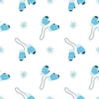 Vektormuster mit blauen Strickhandschuhen und Schneeflocken, Weihnachten im Cartoon-Stil, Symbol des Jahres, Wintermuster für Postkarten, Dekoration, Geschenkverpackung vektor