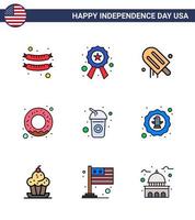 4:e juli USA Lycklig oberoende dag ikon symboler grupp av 9 modern platt fylld rader av soda cola grädde flaska mat redigerbar USA dag vektor design element