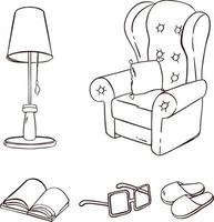 möbelset für ruhe und schlafumriss. Sofa, Sessel, Bett. Illustration vektor