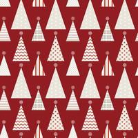 Nahtloses Muster einfacher geometrischer Weihnachtsbäume in unterschiedlicher Textur, isoliert auf burgunderrotem Hintergrund. design für weihnachtswohnkultur, feiertagsgrüße, weihnachts- und neujahrsfeier. vektor
