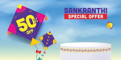 Sankranti-Sonderangebot auf dem Kite-Produkt-Podium. Sankranti-Drachen fliegen am Himmel vektor