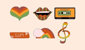 uppsättning av retro klistermärken, 70s och 60-tal. samling av häftig element. mun, hjärta, audio kassett, tugga gummi, regnbåge. vektor illustration i platt stil