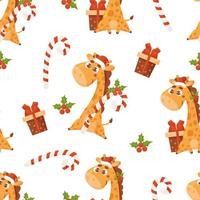 jul sömlös mönster med söt giraff i santas hatt. vektor