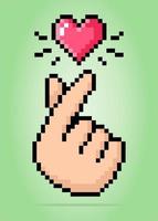 8-bitars pixel av fingerhjärtabild. vektor illustration av korsstygn mönster. koreanska kärlekstecken för t-shirtdesign.