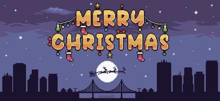 pixel konst stad jul bakgrund med flygande santa claus och glad jul text vektor scen för 8bit spel