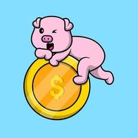 niedliches schwein mit goldmünzenkarikaturvektorikonenillustration. flaches karikaturkonzept. geeignet für jedes kreative Projekt. vektor