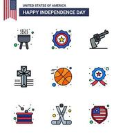 Happy Independence Day Pack mit 9 flach gefüllten Linien Zeichen und Symbole für Abzeichen Ball Hand Basketball Kreuz editierbare Usa Day Vektor Design Elemente