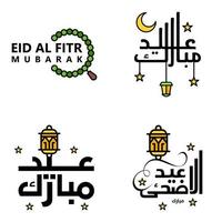 modern packa av 4 vektor illustrationer av hälsningar lyckönskningar för islamic festival eid al Adha eid al fitr gyllene måne lykta med skön skinande stjärnor