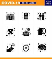 Corona-Virus-Krankheit 9 solides Glyphen-Schwarz-Icon-Pack saugt, während sich das Gesichtsband verbreitet, medizinischer Krebs virales Coronavirus 2019nov-Krankheitsvektor-Designelemente vektor