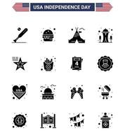 Solide Glyphenpackung mit 16 Symbolen für den Unabhängigkeitstag der USA von Star Needle Meal Landmark American Editable Usa Day Vector Design Elements