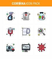 9 fylld linje platt Färg korona virus pandemi vektor illustrationer papper paket lista flaska piller viral coronavirus 2019 nov sjukdom vektor design element