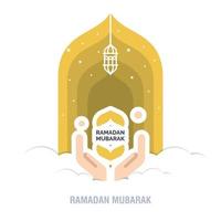 ramadan kareem islamisk design halvmåne och moskékupolsilhuett med arabiskt mönster och kalligrafi vektor